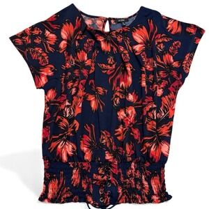 AUW‎ Floral Blouse Womens Medium Navy Blue Red Smocked Waist Lace Up Cap Sleeve
